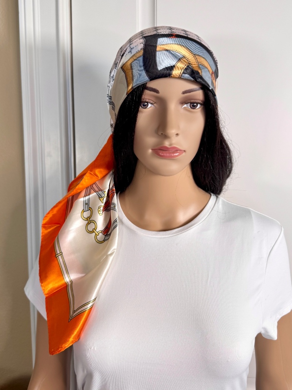 WOMEN'S ORANGE SILKY FEEL ABSTRACT PRINTED SQUARE SCARF - NEW IN PACKAGE - Picture 9 of 13